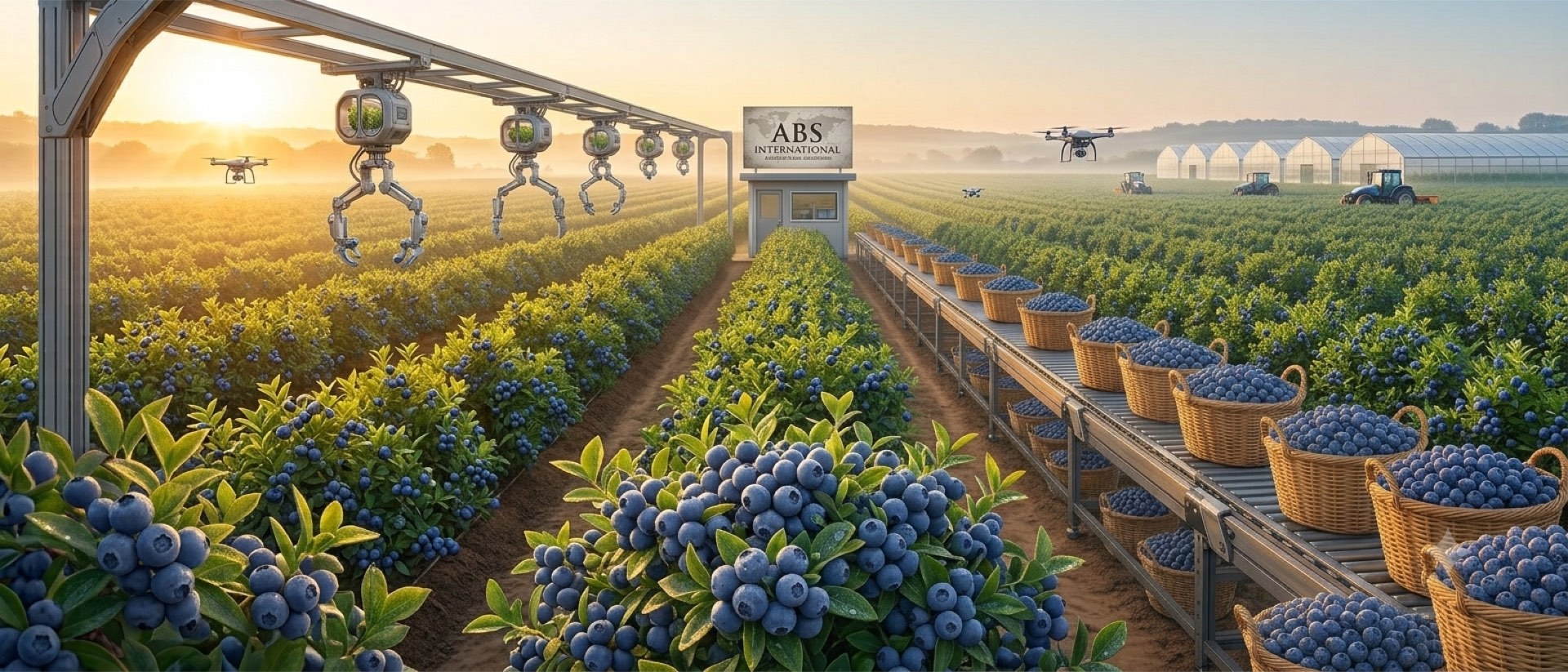 Blueberry farm at picking time with fresh berries in crates