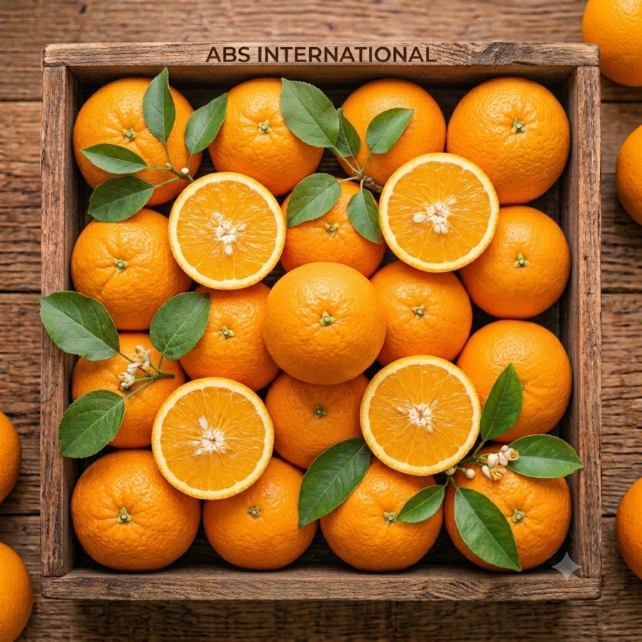 Crate of fresh oranges with leaves