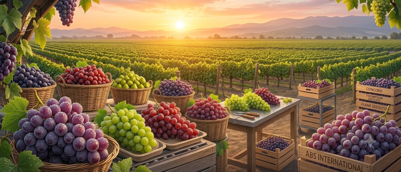 Table grape vineyard at harvest with crates of fresh grapes